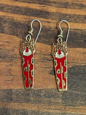 Vintage Laurel Burch Cat Dangle Earrings Red Enamel Gold Tone 1.75” Whimsigoth